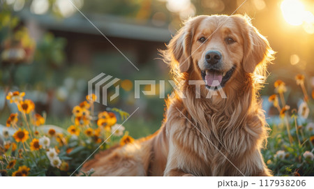 Adorable Golden retriever dog smiling with sunlight in yellow flower meadow Adorable Golden retriever dog smiling with sunlight in yellow flower meadow 117938206