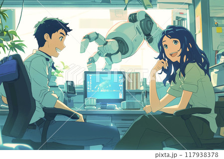 工業用ロボットについて話し合うエンジニア男女_4 117938378