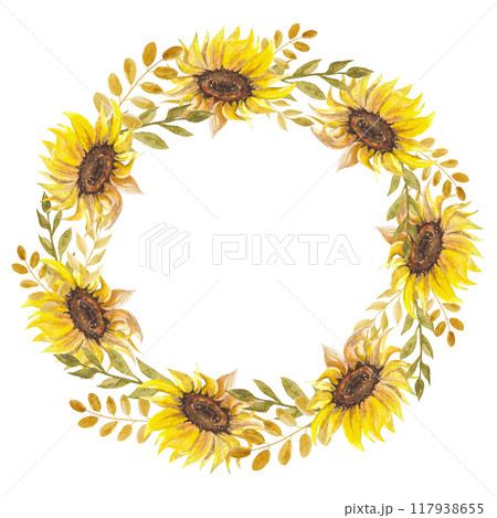 Watercolor illustration frame and autumn composition with sunflowers, twigs and leaves. Hand drawn watercolor frame for design 117938655