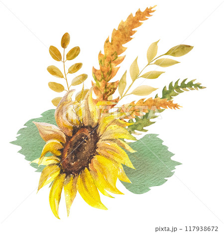 Watercolor illustration autumn composition with sunflowers, twigs and leaves. Hand drawn watercolor for design 117938672