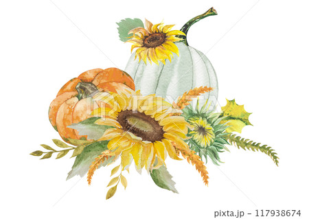 Watercolor illustration autumn composition with sunflowers, pumpkins, twigs and leaves. Hand-drawn watercolor for design Watercolor illustration autumn composition with sunflowers, pumpkins, twigs and leaves. Hand-drawn watercolor for design 117938674
