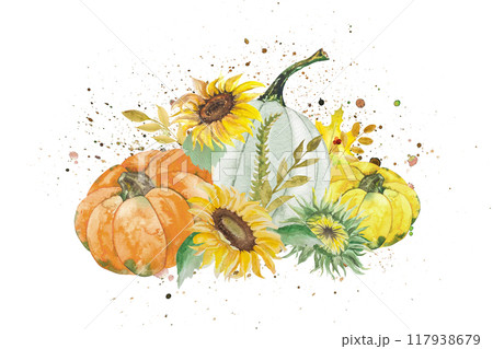Watercolor illustration autumn composition with sunflowers, pumpkins, twigs and leaves. Hand-drawn watercolor for design 117938679