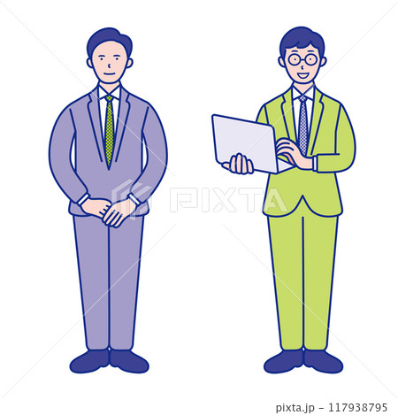 ノートパソコンを持つ 手を前で揃えて立つ 男性ビジネスマンの全身イラスト素材【セット】 ノートパソコンを持つ 手を前で揃えて立つ 男性ビジネスマンの全身イラスト素材【セット】 117938795