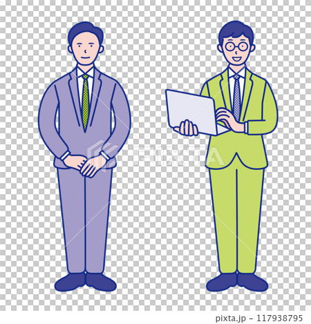 一位男性商人拿著筆電雙手合十站在前面的全身插畫素材【套裝】 一位男性商人拿著筆電雙手合十站在前面的全身插畫素材【套裝】 117938795