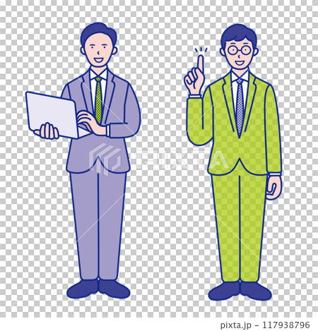 ノートパソコンを持つ 指差しポーズをする 男性ビジネスマンの全身イラスト素材【セット】 ノートパソコンを持つ 指差しポーズをする 男性ビジネスマンの全身イラスト素材【セット】 117938796