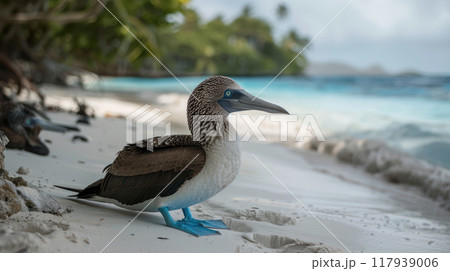 A blue-footed booby is sitting on the beach 117939006
