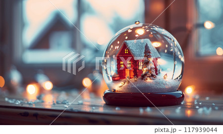 A Small Snow Globe With A red Wooden Cabin And Christmas Lights A Small Snow Globe With A red Wooden Cabin And Christmas Lights 117939044