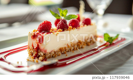 A dessert with a sauce and crumbs on served on a long plate with a raspberry sauce A dessert with a sauce and crumbs on served on a long plate with a raspberry sauce 117939046