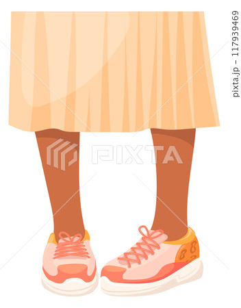 Sneakers on female legs. Woman in cartoon sport shoes Sneakers on female legs. Woman in cartoon sport shoes 117939469