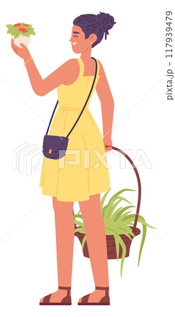Happy woman carry houseplants. Home garden character 117939479