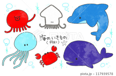 海の生き物イラストセット(枠あり)(文字あり) 海の生き物イラストセット(枠あり)(文字あり) 117939578