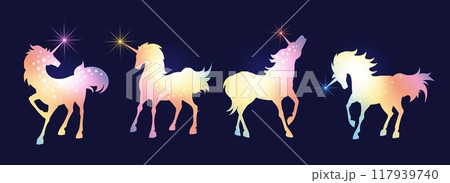 Glowing stars rainbow unicorn silhouettes Glowing stars rainbow unicorn silhouettes 117939740