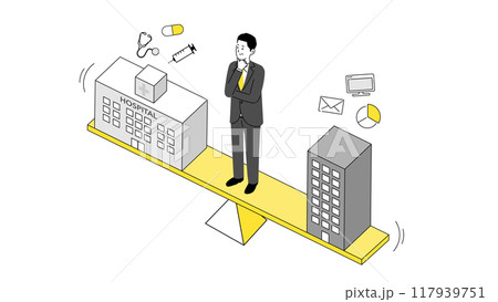 治療と仕事の両立イメージのイラスト、天秤に立つ男性ビジネスマン、ベクター 117939751