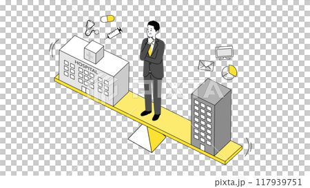 治療と仕事の両立イメージのイラスト、天秤に立つ男性ビジネスマン、ベクター 117939751