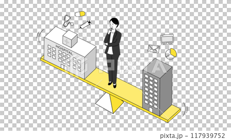 平衡待遇和工作的形象的插圖，一位站在天平上的女商人，向量圖 117939752