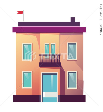 A european style flat vector illustration depicting a traditional two story house with a small balcony multiple windows and a flag on the roof 117940164