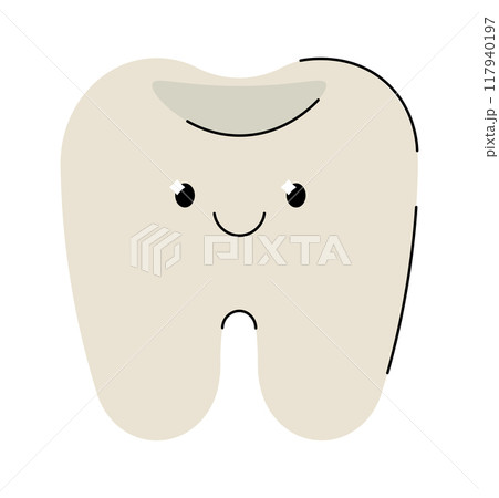 Happy tooth with cavity flat vector illustration cute cartoon tooth with cavity dental character with decay adorable dental care concept funny sad tooth with cavity illustration white background 117940197