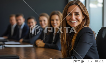 Businesswoman smiling confidently in a meeting with her colleagues in the background. Leadership and teamwork concept in a corporate environment. 117940354