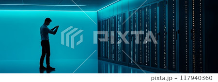 Technician using a tablet in a large data center with blue lighting. Concept related to IT management, infrastructure, and data processing 117940360