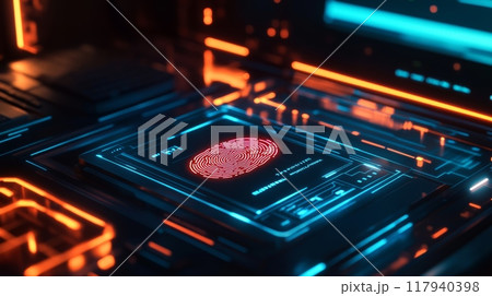 Glowing red fingerprint icon on a digital device, representing biometric security. Secure access and data protection concept. 117940398