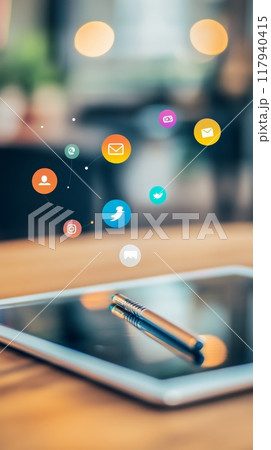 Tablet with a pen and floating social media icons in a professional setting. Ideal for business, digital marketing, and tech visuals. 117940415