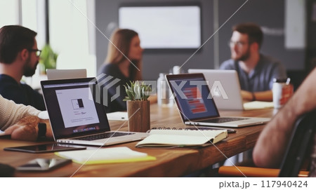 Business meeting with laptops on a wooden table, focusing on teamwork and strategy. Collaborative corporate environment. 117940424