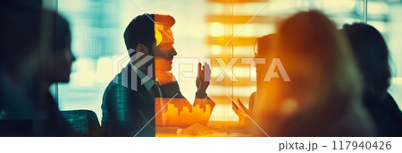 Business team analyzing financial data with futuristic interface in a high-tech office. Concept of innovation, technology, and data-driven decision-making. Business team analyzing financial data with futuristic interface in a high-tech office. Concept of innovation, technology, and data-driven decision-making. 117940426