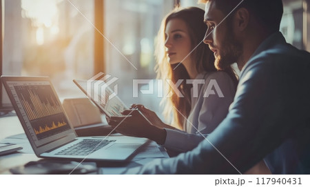 Business colleagues discussing data on laptops in a modern office with sunlight filtering through the windows. Corporate collaboration. 117940431