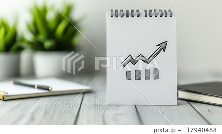 Notepad with a hand-drawn rising arrow graph, symbolizing business growth. Minimalistic office desk with plants and notebook. Notepad with a hand-drawn rising arrow graph, symbolizing business growth. Minimalistic office desk with plants and notebook. 117940488