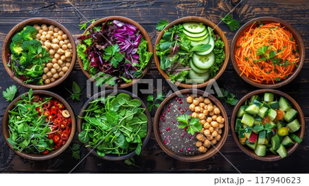 Bowls of fresh food ingredients, fruits and vegetables 117940623