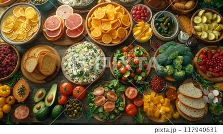Bowls of fresh food ingredients, fruits and vegetables Bowls of fresh food ingredients, fruits and vegetables 117940631
