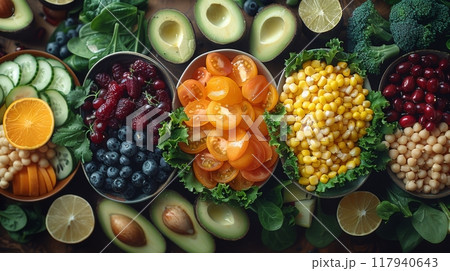 Bowls of fresh food ingredients, fruits and vegetables 117940643