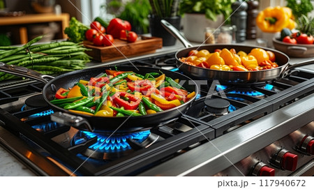 Vegetables cooking on the stove 117940672