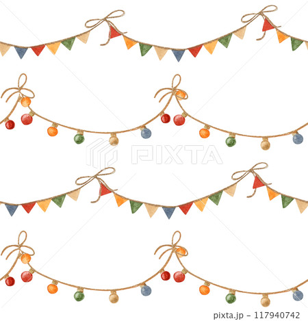 watercolor seamless pattern with garlands with colored balls and flags. Hand drawn. 117940742