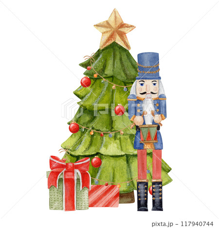 Watercolor composition of a decorated Christmas tree, gifts and nutcracker with drum. Hand drawn illutration Watercolor composition of a decorated Christmas tree, gifts and nutcracker with drum. Hand drawn illutration 117940744