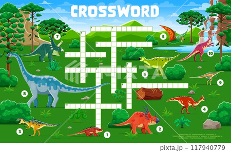Crossword quiz game grid with prehistoric dinosaurs and cartoon dino, vector worksheet. Kids crossword quiz game to guess Jurassic dinosaurs, giant lizards and reptiles names in prehistoric forest Crossword quiz game grid with prehistoric dinosaurs and cartoon dino, vector worksheet. Kids crossword quiz game to guess Jurassic dinosaurs, giant lizards and reptiles names in prehistoric forest 117940779