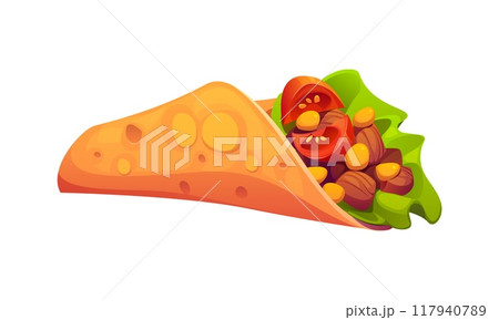 Cartoon shawarma fast food meal. Isolated vector street dr snack, corn pita bread filled with fresh ingredients tomatoes, beans, lettuce and meat pieces. Takeaway cafe appetizing and delicious menu 117940789