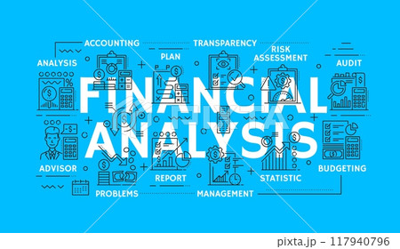 Financial analysis banner with line icons of finance audit, banking and accounting, vector background. Tax revenue and financial statistic charts on money management and budget or payment transparency 117940796