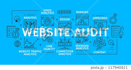 Web audit line icons of website analytics and keywords analysis, vector background. Web audit outline icons of content optimization and web performance analysis for website ranking and traffic 117940821