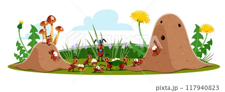 Ant characters carry eggs to anthill. Cartoon ant pest insects working together to carry eggs to an anthill. Vector scene in a natural environment with flowers, mushrooms and grass at summer field 117940823