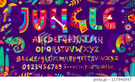 Mexican cartoon font with colorful Hispanic typeface of flowers and tropical animals, vector English letters. Day of Dead or Dia De Los Muertos Mexican font with calavera skulls and bones for ABC type 117940847