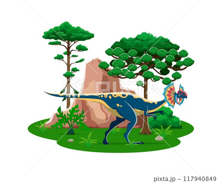 Dilophosaurus cartoon prehistoric dinosaur character at lush landscape with trees and rocks. Vector theropod dino from the Early Jurassic period, known for its distinctive double crest on its head Dilophosaurus cartoon prehistoric dinosaur character at lush landscape with trees and rocks. Vector theropod dino from the Early Jurassic period, known for its distinctive double crest on its head 117940849