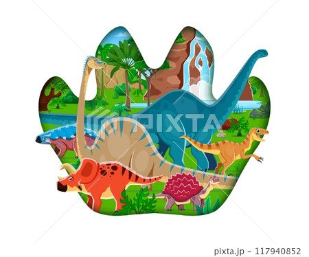 Prehistoric dinosaurs in paper cut dino footprint with Jurassic era lizards and reptiles, cartoon vector. Funny dinosaurs and giant lizards in Jurassic jungle forest for kids prehistoric dino book Prehistoric dinosaurs in paper cut dino footprint with Jurassic era lizards and reptiles, cartoon vector. Funny dinosaurs and giant lizards in Jurassic jungle forest for kids prehistoric dino book 117940852