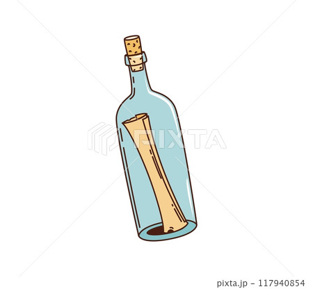 Cartoon glass bottle with a letter, retro cartoon groovy pirate and corsair flask tossed by the sea, clutches a mysterious message. Isolated vector bottle with secret map or note, from adventure story 117940854