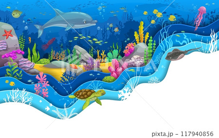 Funny cartoon dolphin and turtle at paper cut sea underwater landscape. 3d vector wavy papercut frame with jellyfish, fish shoal, whimsical seaweeds and coral reef in ocean water depth Funny cartoon dolphin and turtle at paper cut sea underwater landscape. 3d vector wavy papercut frame with jellyfish, fish shoal, whimsical seaweeds and coral reef in ocean water depth 117940856