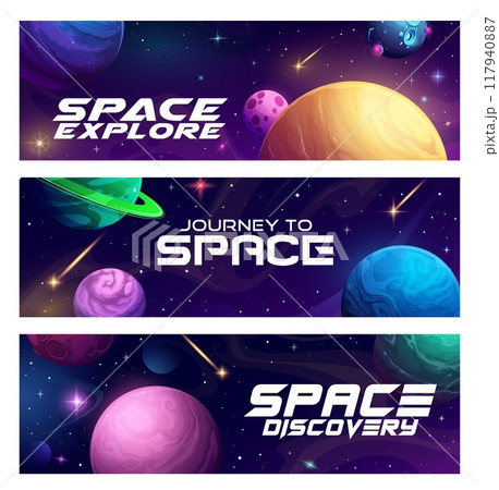 Cartoon alien space planets, galaxy landscape banners with stars and comets. Vector horizontal cards for Universe exploration, space research mission, fantastic game or fantasy discovery 117940887
