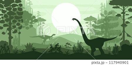 Prehistoric dinosaurs silhouettes at the forest landscape. Vector shadow scene of Jurassic ages, dino animals and ancient flora with palm trees and ferns under a large sun, background in green colors Prehistoric dinosaurs silhouettes at the forest landscape. Vector shadow scene of Jurassic ages, dino animals and ancient flora with palm trees and ferns under a large sun, background in green colors 117940901