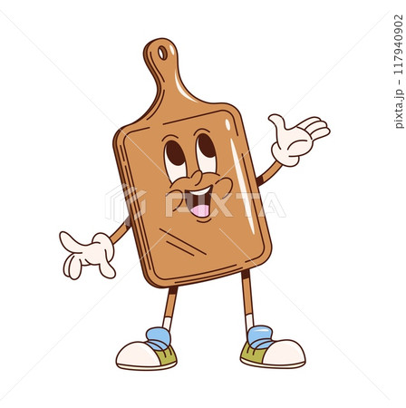 Cutting board retro groovy kitchenware and utensil character. Isolated cartoon vector welcoming, homey and practical kitchen tool personage. Wooden board with a hole for hanging gesturing and smiling Cutting board retro groovy kitchenware and utensil character. Isolated cartoon vector welcoming, homey and practical kitchen tool personage. Wooden board with a hole for hanging gesturing and smiling 117940902