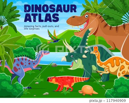 Prehistoric dinosaur characters at jungles landscape, atlas book cover with ancient reptile creature species in a lush, green environment with tropical forest plants. Cartoon vector storybook cover 117940909