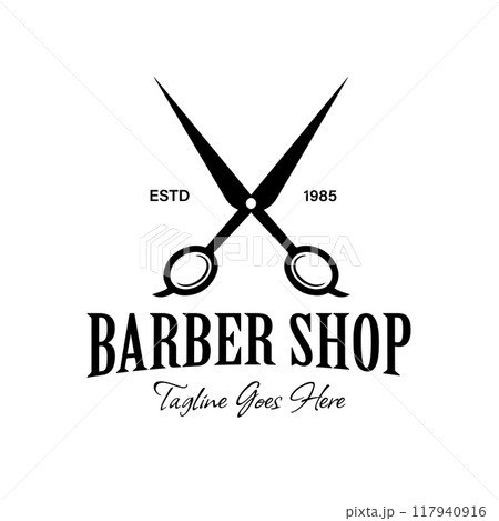 This Vintage Barbershop Logo Design features a simple silhouette of Scissors of a traditional Barbershop This Vintage Barbershop Logo Design features a simple silhouette of Scissors of a traditional Barbershop 117940916